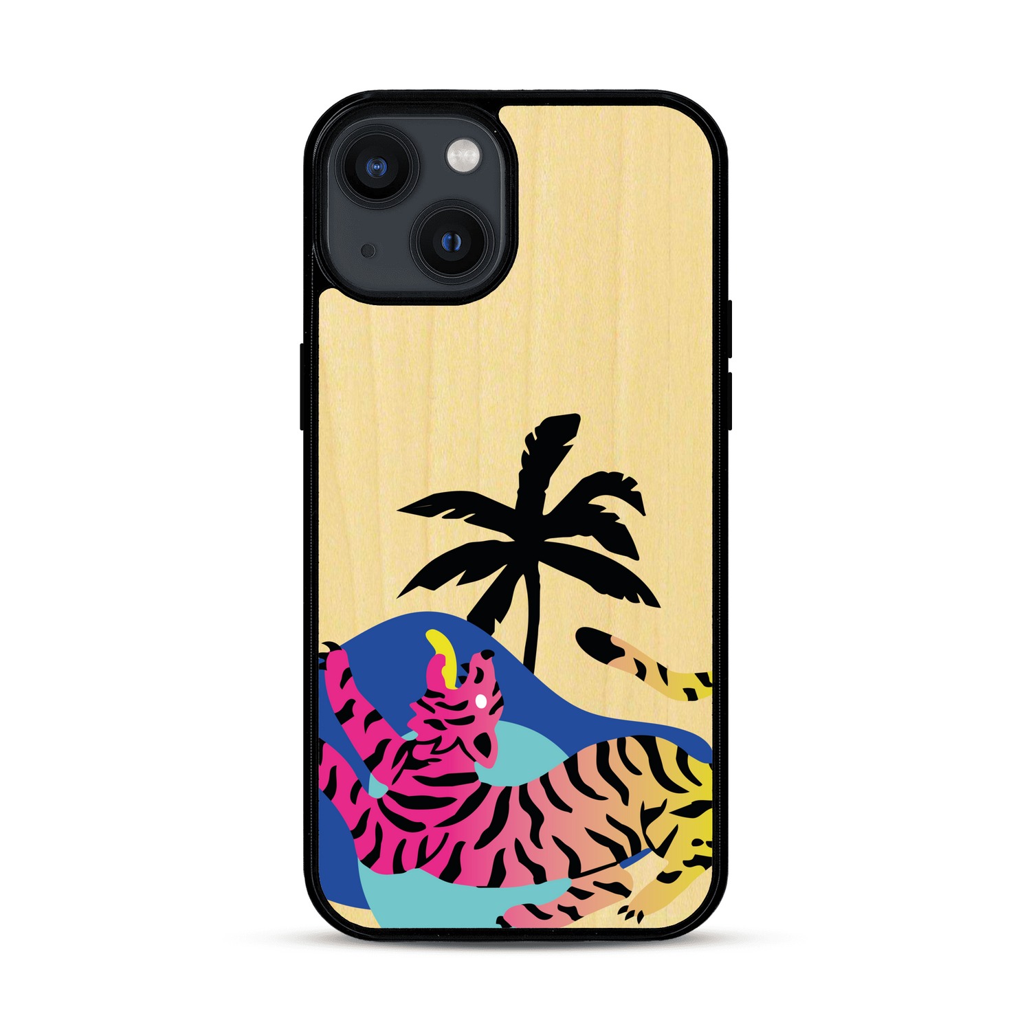 Coque de protection en bois véritable fabriquée en France pour iPhone 13 représentant un tigre coloré avec un design moderne et minimaliste sur le thème de la jungle et de la nature