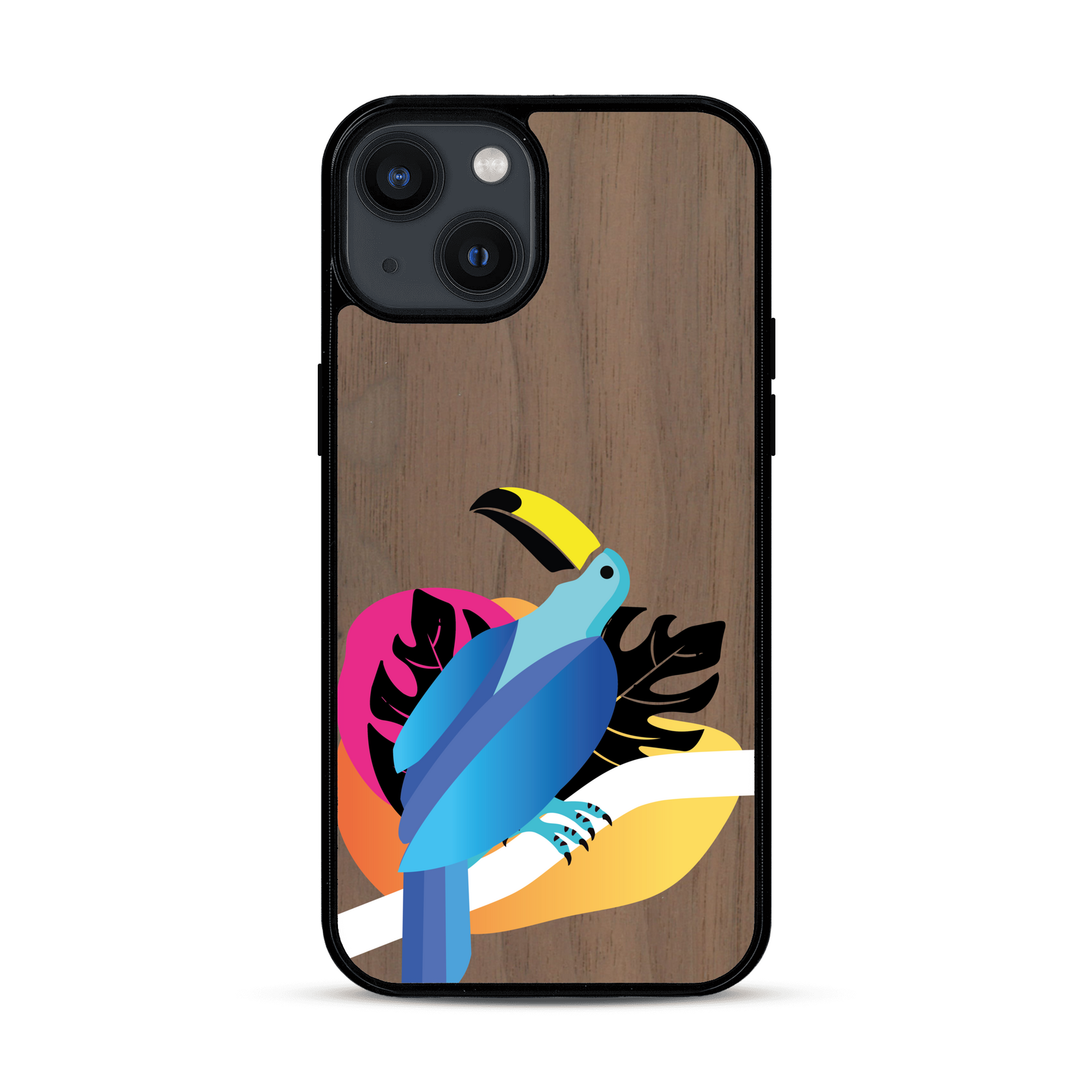 Coque de protection en bois véritable fabriquée en France pour iPhone 13 représentant un toucan coloré avec un design moderne et minimaliste sur le thème de la jungle et de la nature