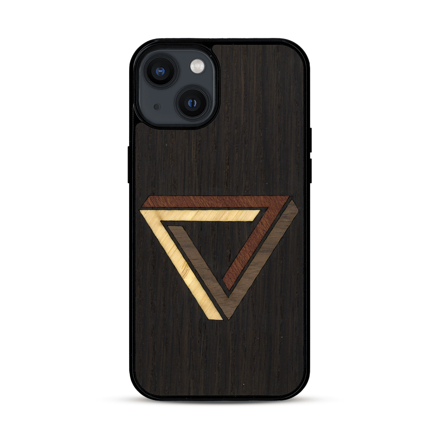 Coque de protection en bois véritable fabriquée en France pour  sur le thème de l'art géométrique qui allie du chêne fumé, du noyer, du bambou et du padouk représentant le triangle de penrose