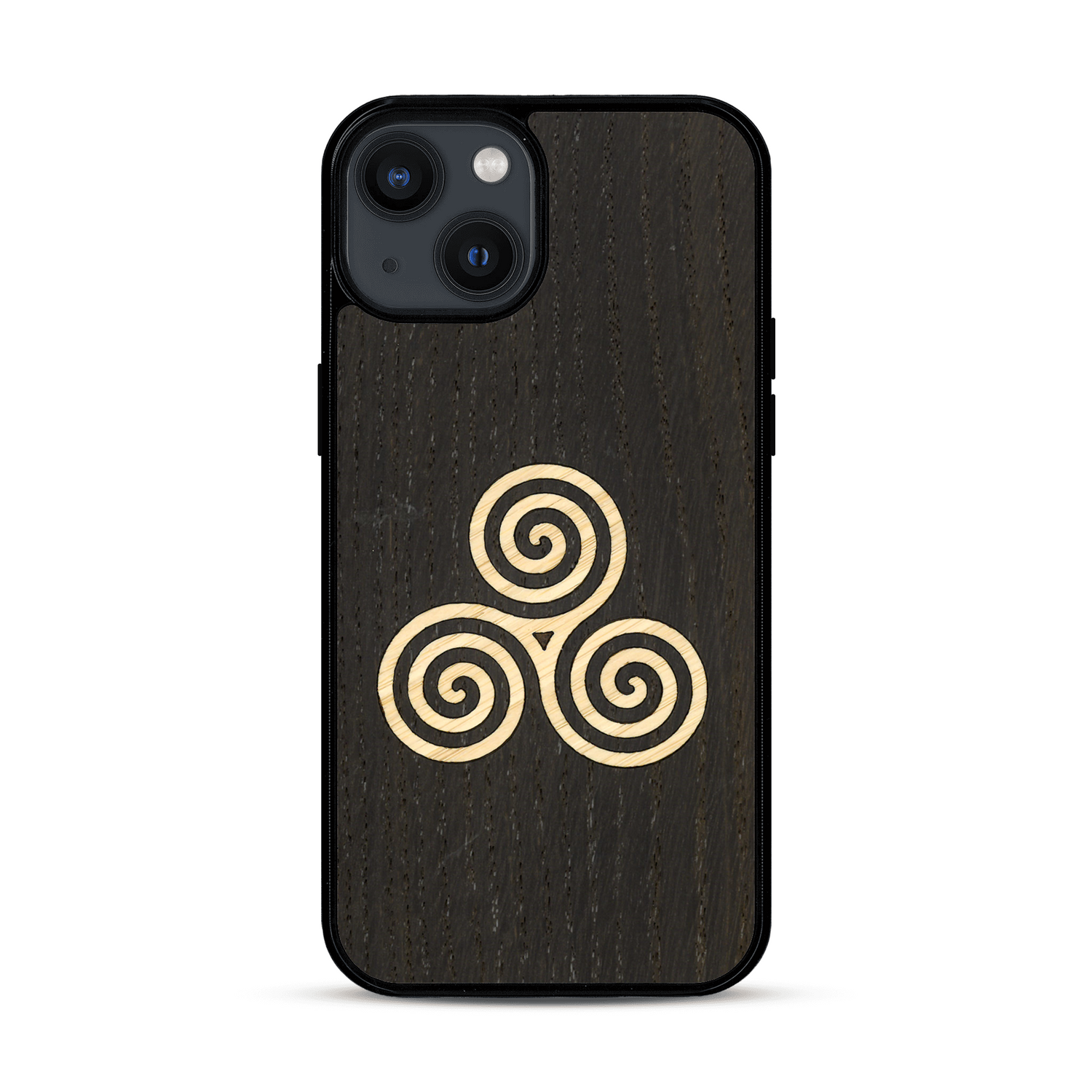 Coque de protection en bois véritable fabriquée en France pour  alliant du chêne fumé et du bambou et doré représentant un triskell