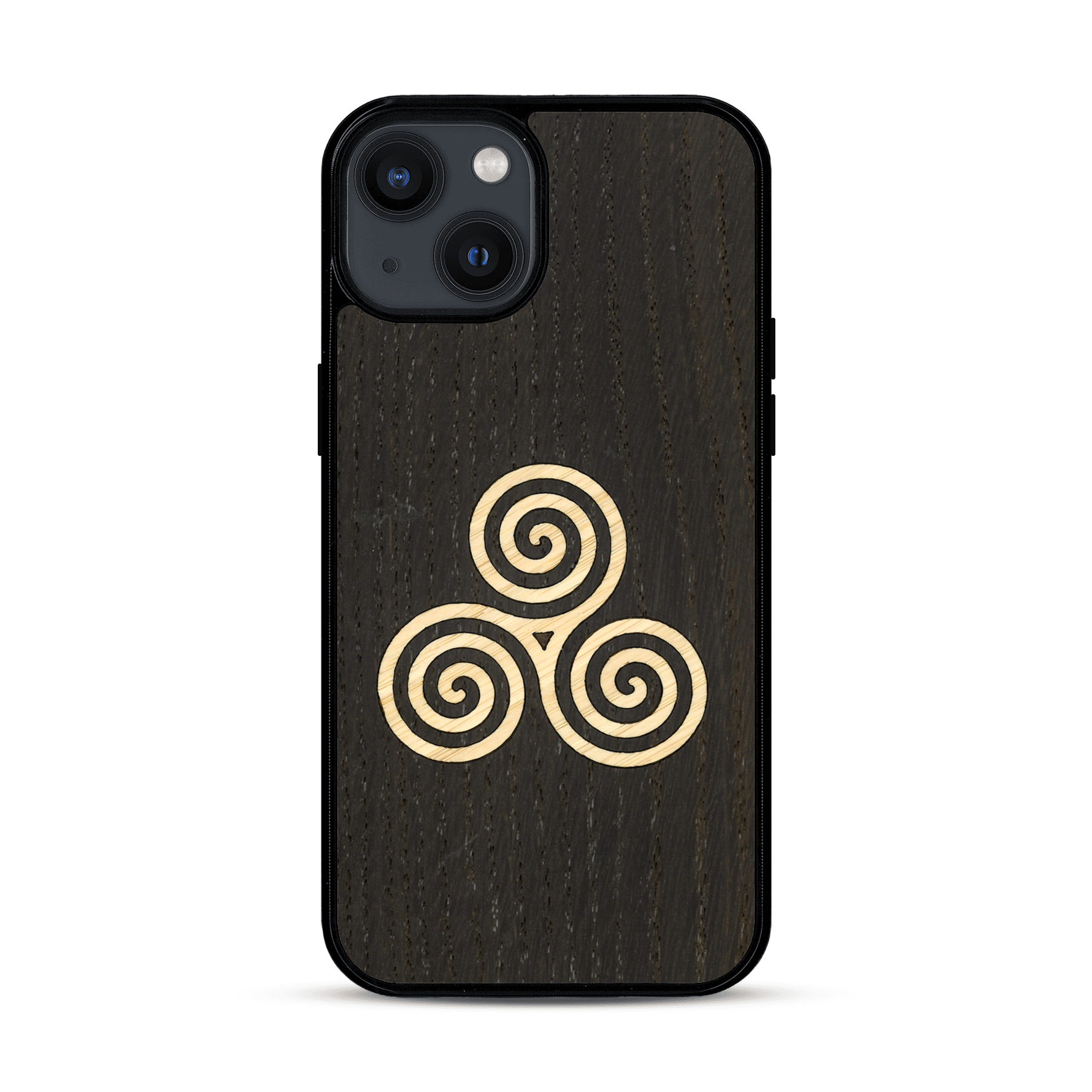 Coque de protection en bois véritable fabriquée en France pour  alliant du chêne fumé et du bambou et doré représentant un triskell