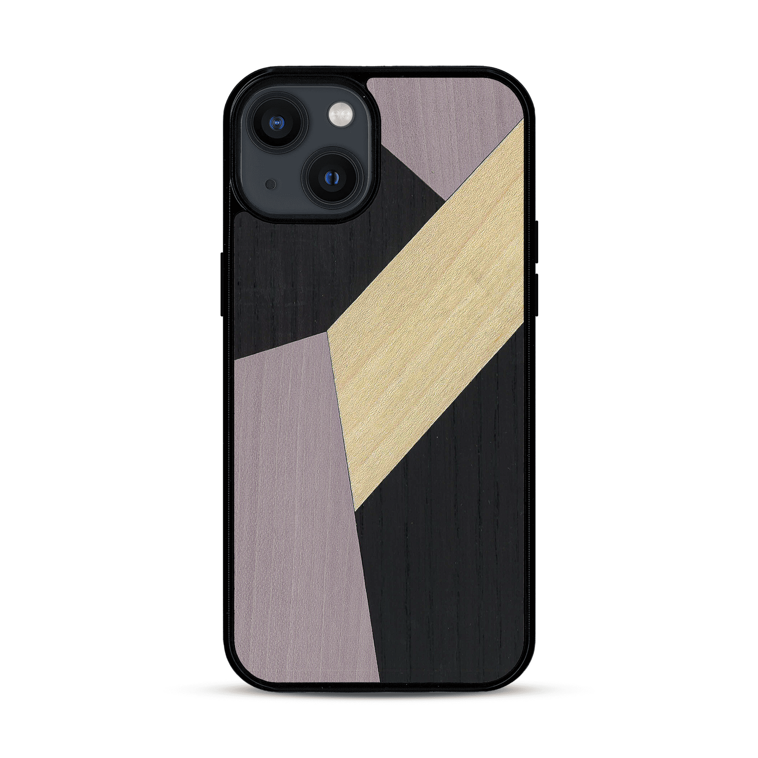 Coque de protection en bois véritable fabriquée en France pour  alliant du bambou, du tulipier mauve et noir en forme de mosaïque minimaliste sur le thème de l'art abstrait