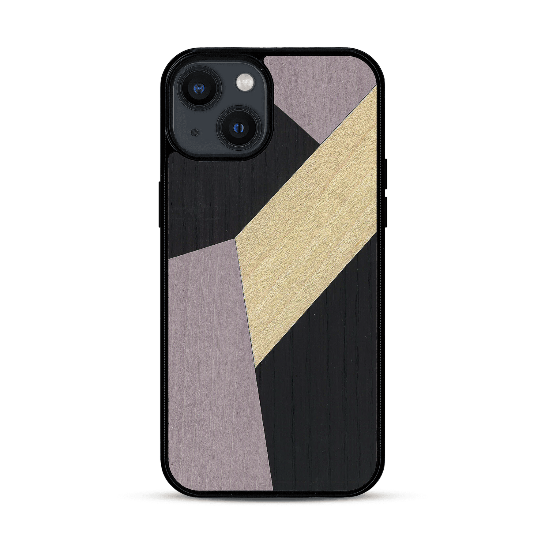 Coque de protection en bois véritable fabriquée en France pour  alliant du bambou, du tulipier mauve et noir en forme de mosaïque minimaliste sur le thème de l'art abstrait