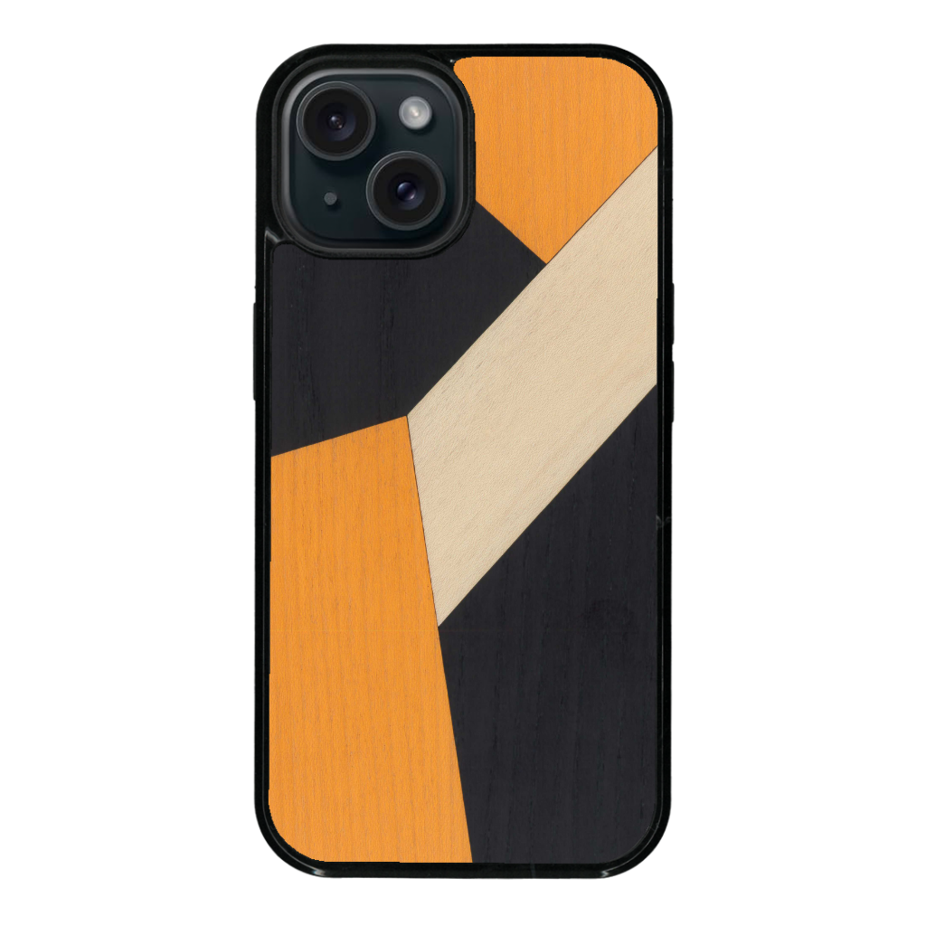 Coque de protection en bois véritable fabriquée en France pour iPhone 13 alliant du bambou, du tulipier orange et noir en forme de mosaïque minimaliste sur le thème de l'art abstrait