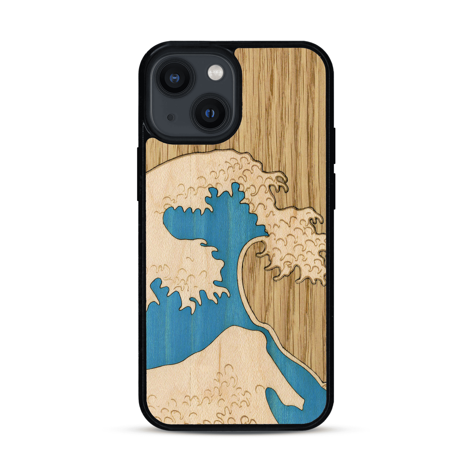 Coque de protection en bois véritable fabriquée en France pour  alliant plusieurs essences de bois pour représenter la célèbre grande vague de Kanagawa