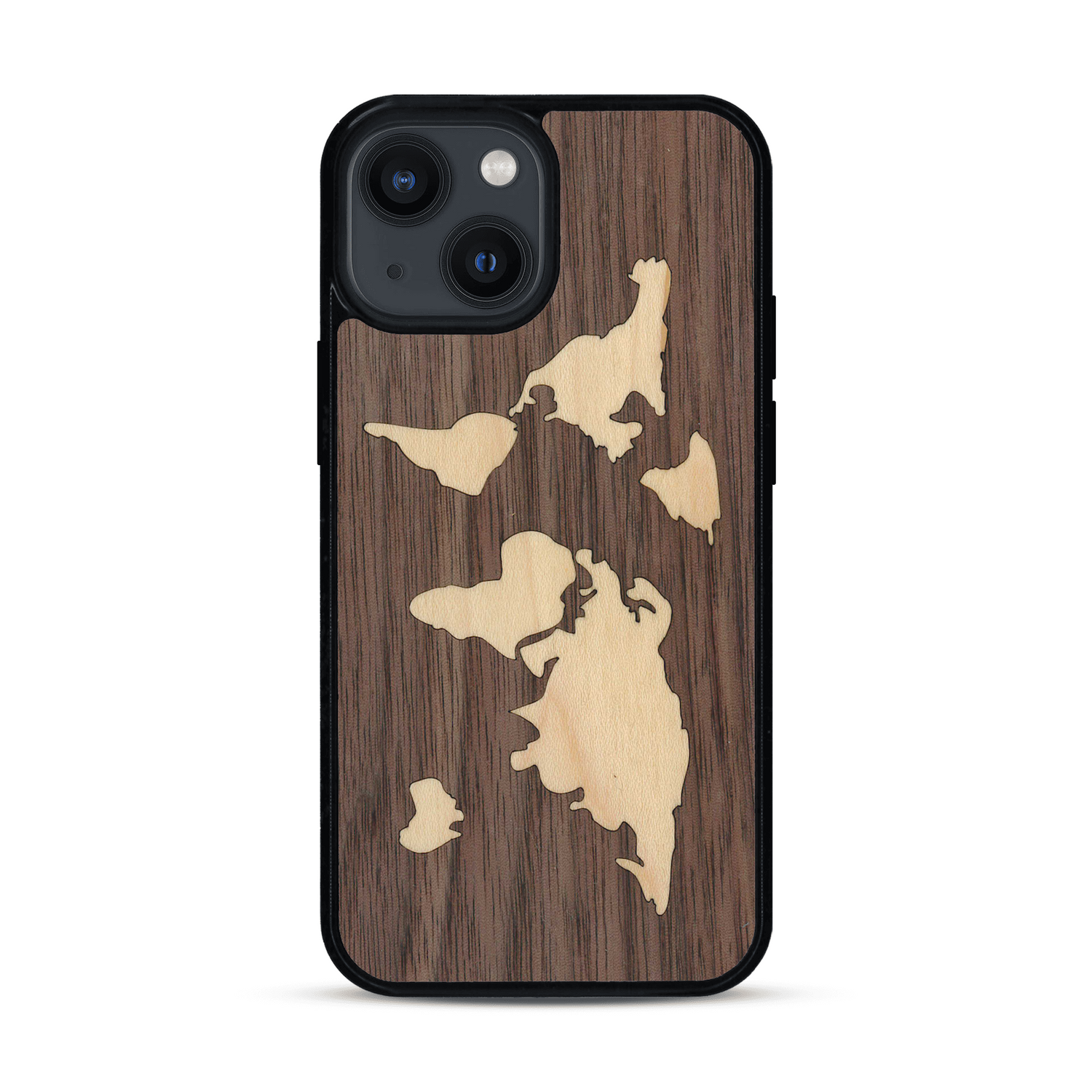 Coque de protection en bois véritable fabriquée en France pour  alliant du bambou et du noyer sur le thème du voyage et de l'aventure représentant une mappemonde