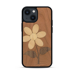Coque de protection en bois véritable fabriquée en France pour  alliant plusieurs essences de bois pour représenter une marguerite