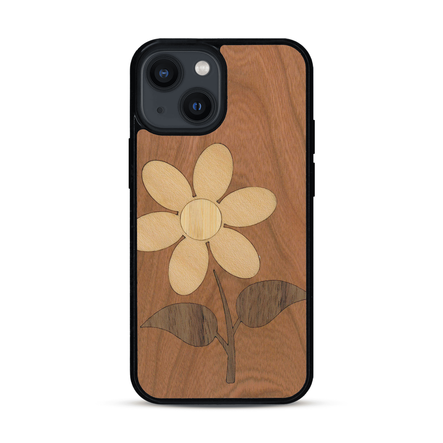 Coque de protection en bois véritable fabriquée en France pour  alliant plusieurs essences de bois pour représenter une marguerite