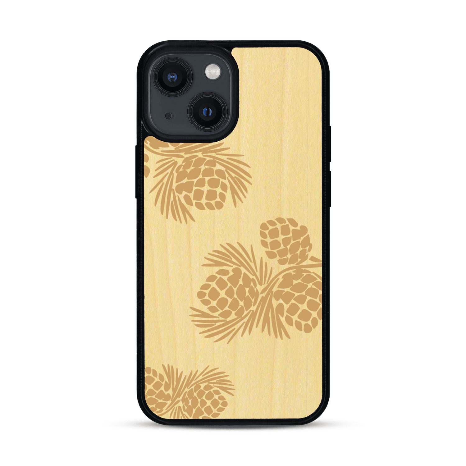 Coque de protection en bois véritable fabriquée en France pour  sur le thème de la nature des arbres avec un motif de gravure représentant des épines de sapin et des pommes de pin