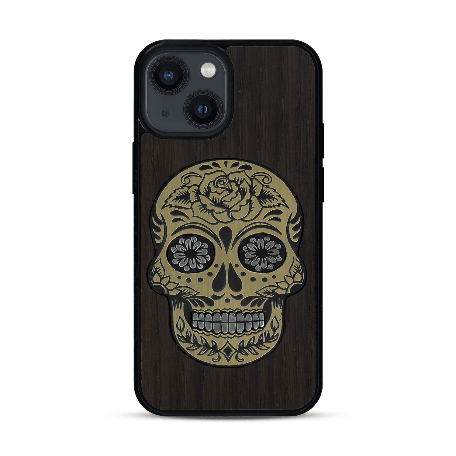 Coque de protection en bois véritable fabriquée en France pour  alliant du chêne fumé avec du métal argenté et doré représentant une tête de mort mexicaine sur le thème Dia de los Muertos