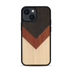 Coque de protection en bois véritable fabriquée en France pour  alliant du chêne fumé, du padouk et du bambou en forme de chevron sur le thème de l'art abstrait