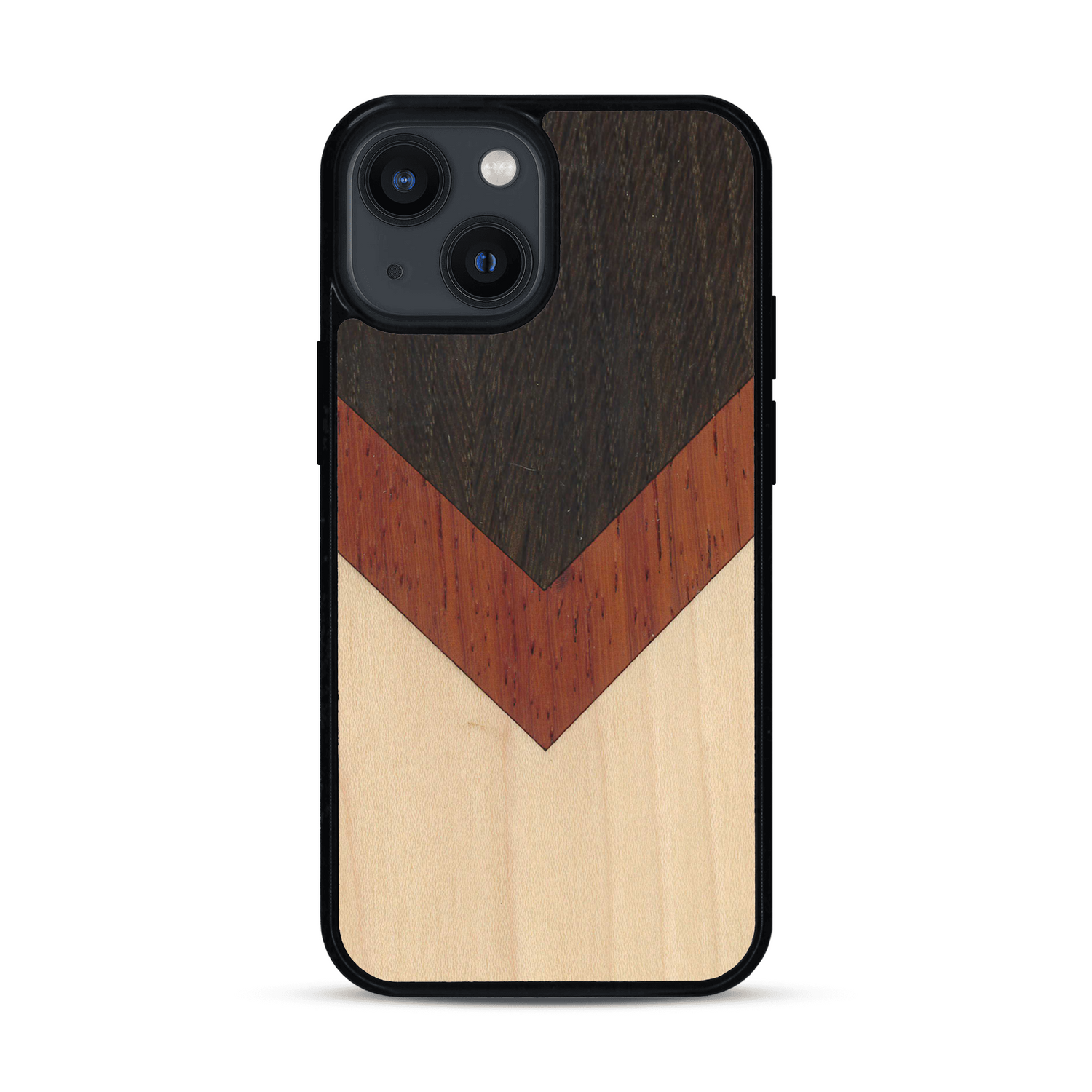 Coque de protection en bois véritable fabriquée en France pour  alliant du chêne fumé, du padouk et du bambou en forme de chevron sur le thème de l'art abstrait