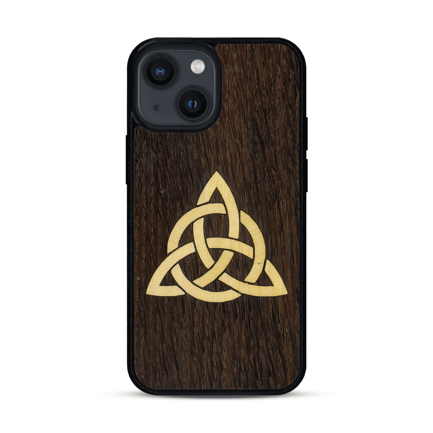 Coque de protection en bois véritable fabriquée en France pour  alliant du chêne fumé et du bambou représentant une triquetra