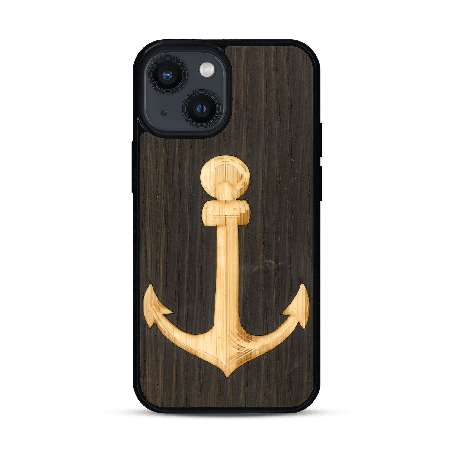 Coque de protection en bois véritable fabriquée en France pour  sur le thème nautique avec un bois clair et un bois foncé représentant une ancre de bateau