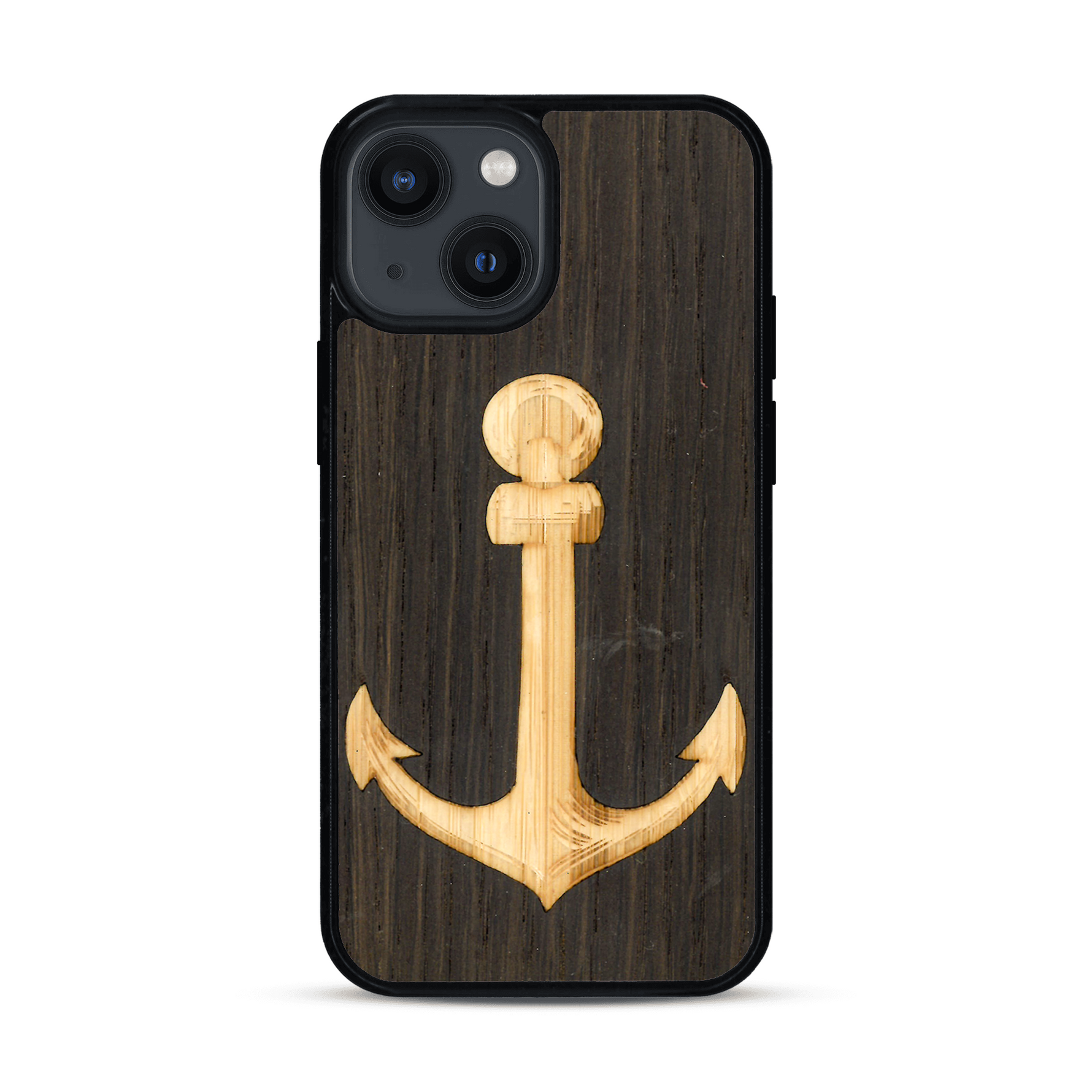 Coque de protection en bois véritable fabriquée en France pour  sur le thème nautique avec un bois clair et un bois foncé représentant une ancre de bateau