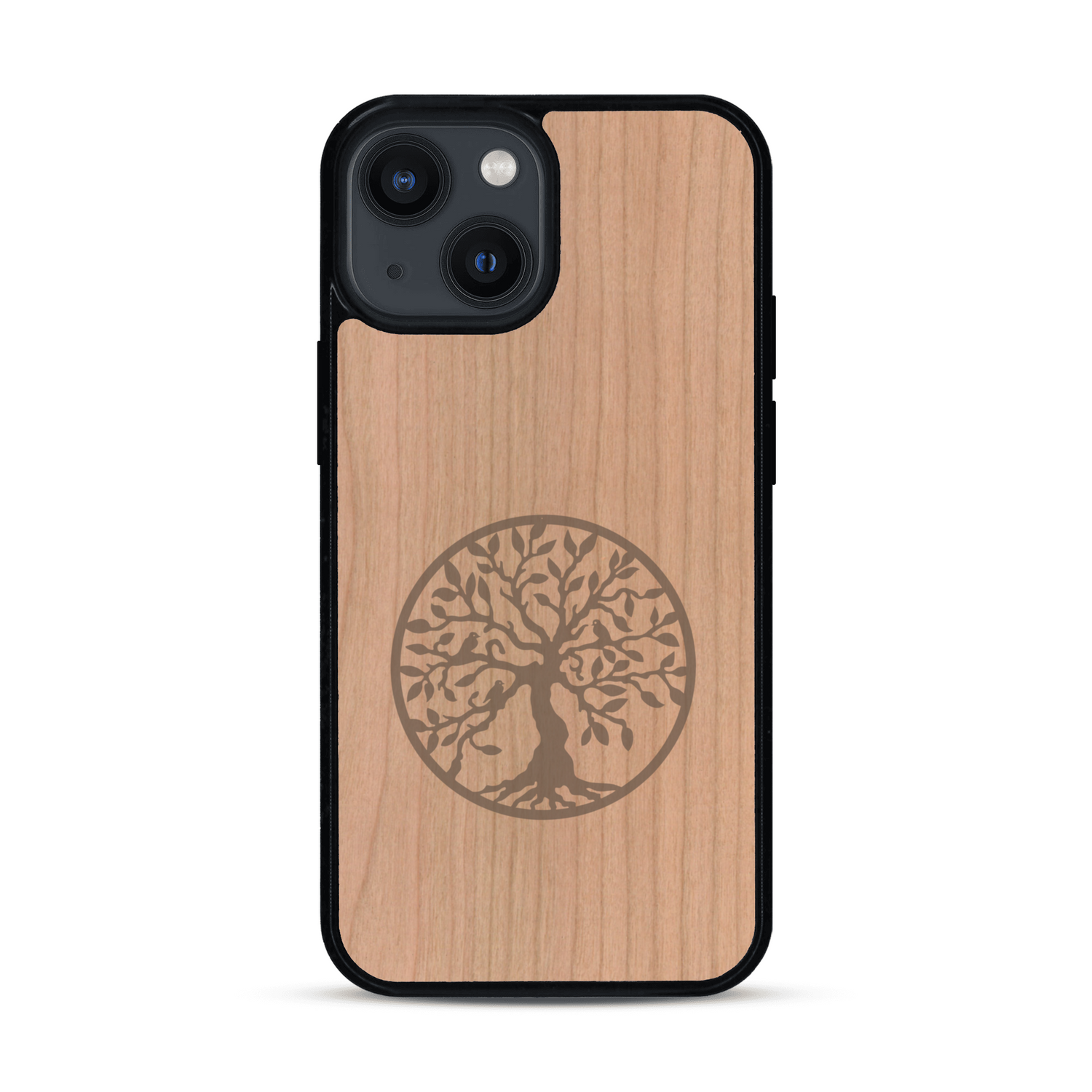Coque de protection en bois véritable fabriquée en France pour  sur le thème de la spiritualité et du yoga avec une gravure zen représentant un arbre de vie
