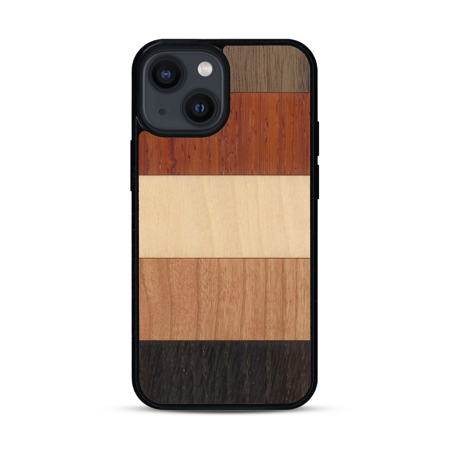 Coque de protection en bois véritable fabriquée en France pour  alliant des bandes horizontales de bambou, merisier, padouk, noyer et chêne fumé