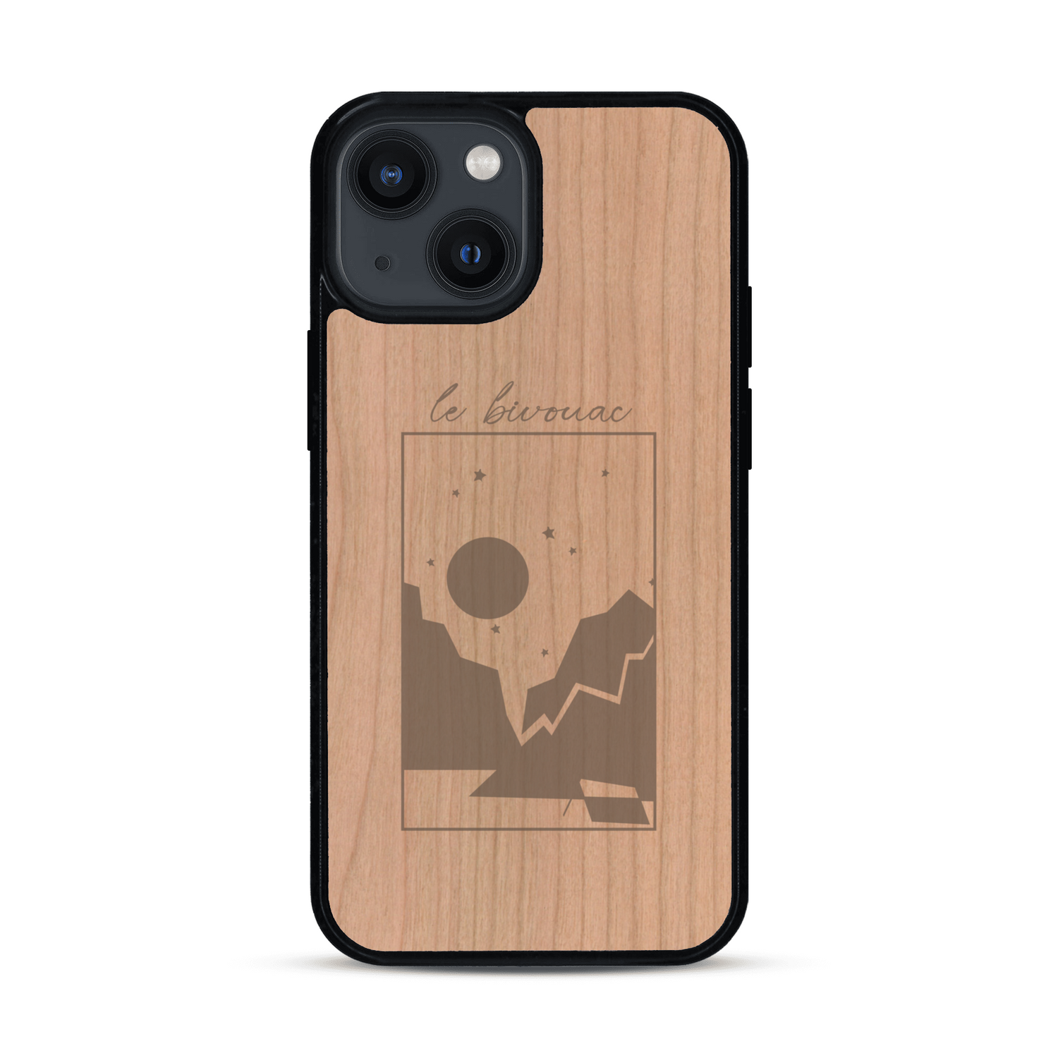 Coque de protection en bois véritable fabriquée en France pour  sur le thème du camping en pleine nature et du bivouac avec la phrase "Aventure is out there"
