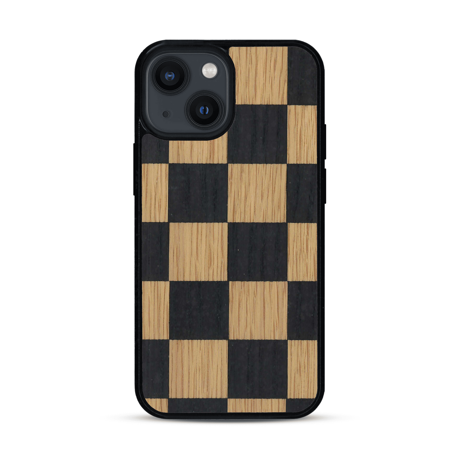Coque de protection en bois véritable fabriquée en France pour  alliant plusieurs essences de bois pour représenter un damier