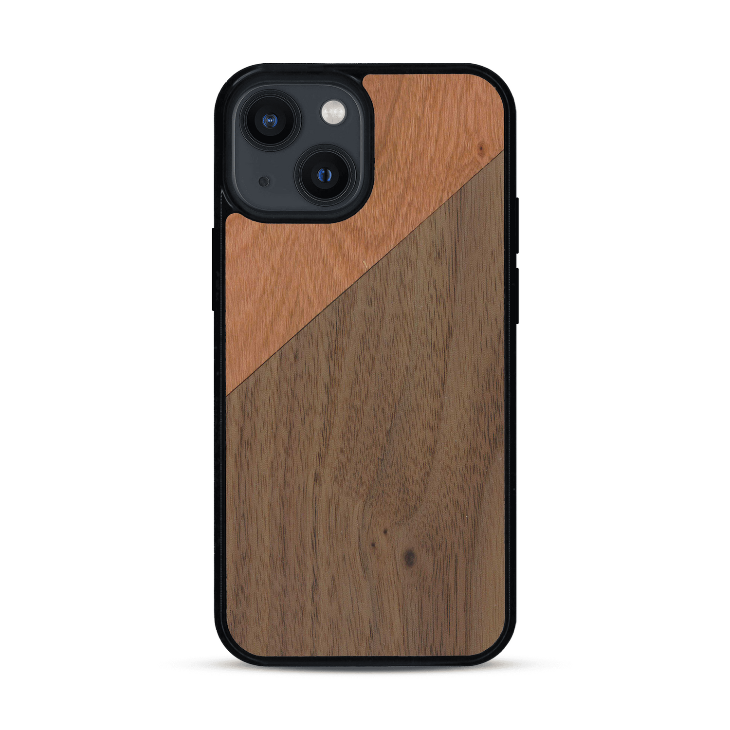 Coque de protection en bois véritable fabriquée en France pour  alliant du merisier et du noyer formant chacun un triangle avec une jointure en diagonale sur le thème de l'art abstrait