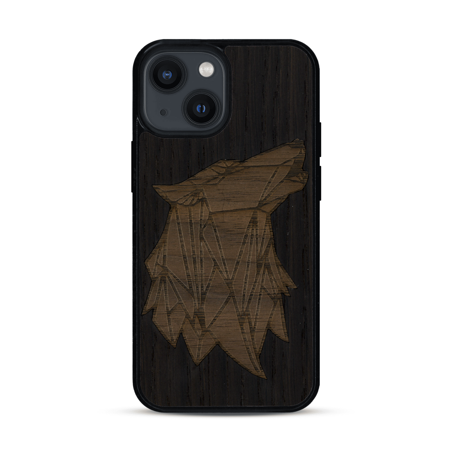 Coque de protection en bois véritable fabriquée en France pour  alliant du chêne fumé et du noyer représentant une tête de loup géométrique de profil sur le thème des animaux et de la nature