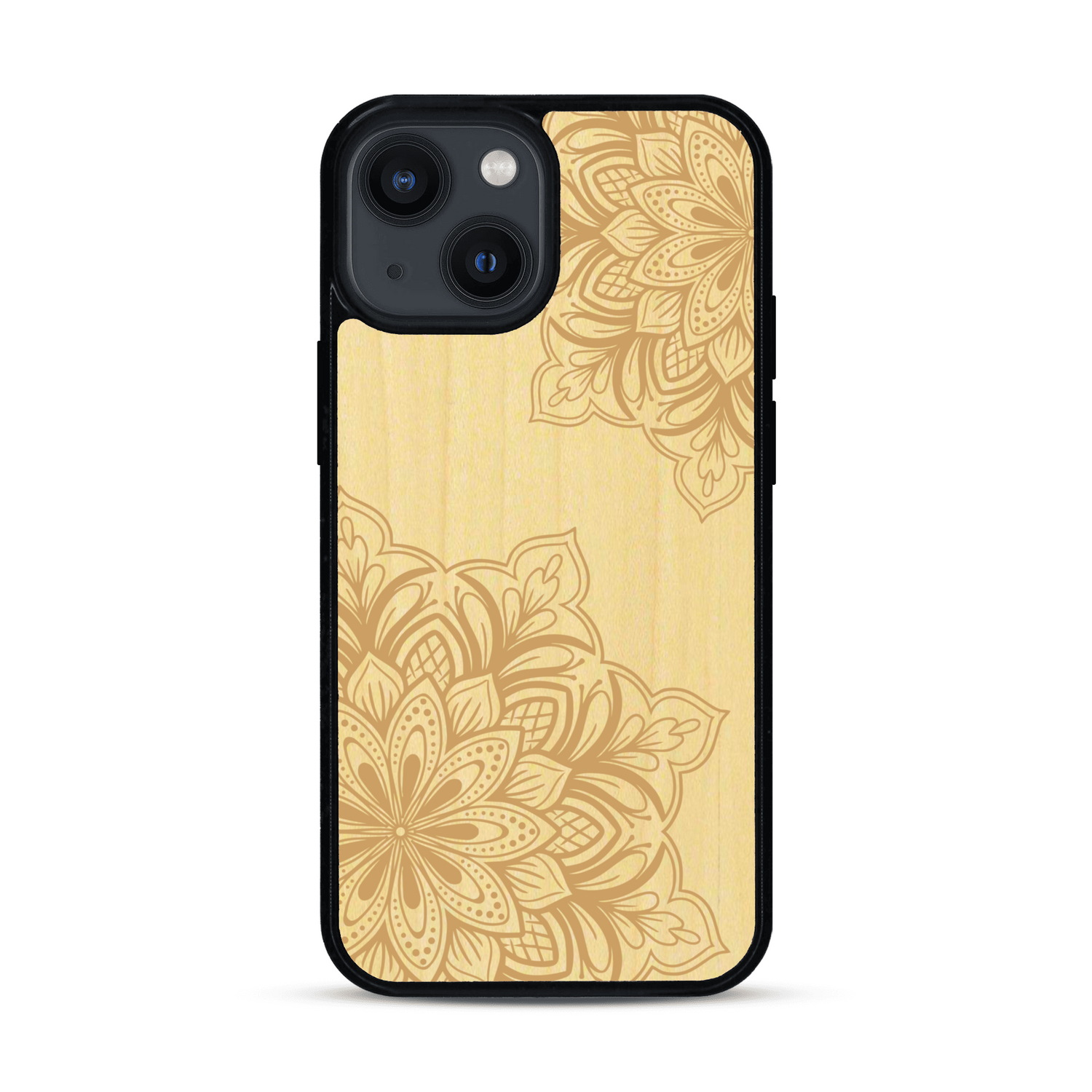 Coque de protection en bois véritable fabriquée en France pour  sur le thème de la bohème et du tatouage au henné avec une gravure représentant un mandala