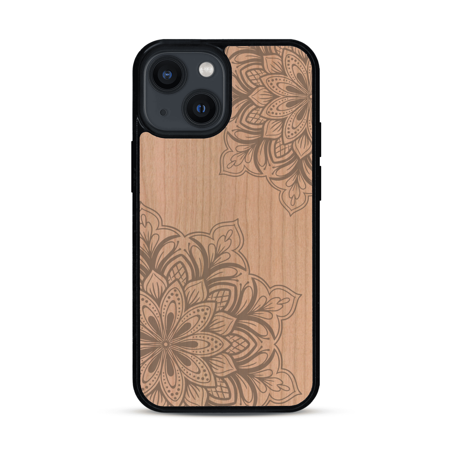 Coque de protection en bois véritable fabriquée en France pour  sur le thème de la bohème et du tatouage au henné avec une gravure représentant un mandala