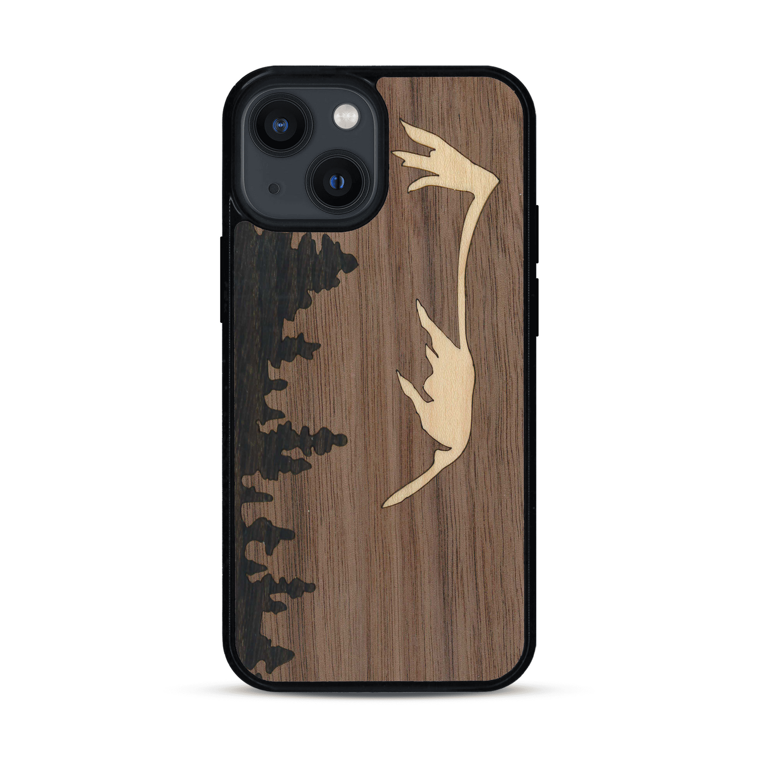 Coque de protection en bois véritable fabriquée en France pour  sur le thème de la nature et de la montagne qui allie du chêne fumé, du noyer et du bambou représentant le mont mézenc