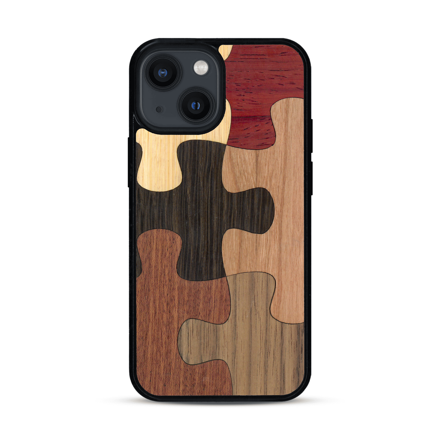 Coque de protection en bois véritable fabriquée en France pour  représentant un puzzle en six pièces qui allie du chêne fumé, du noyer, du bambou, du padouk, du merisier et de l'acajou