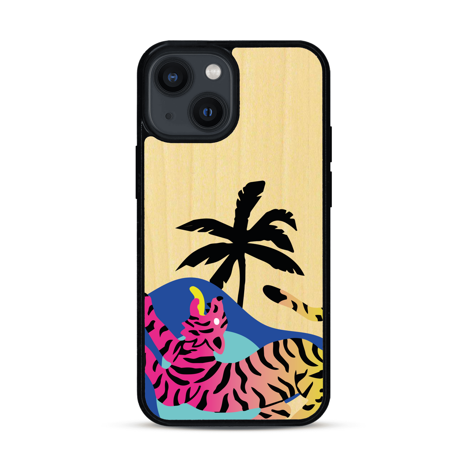 Coque de protection en bois véritable fabriquée en France pour iPhone 13 Mini représentant un tigre coloré avec un design moderne et minimaliste sur le thème de la jungle et de la nature