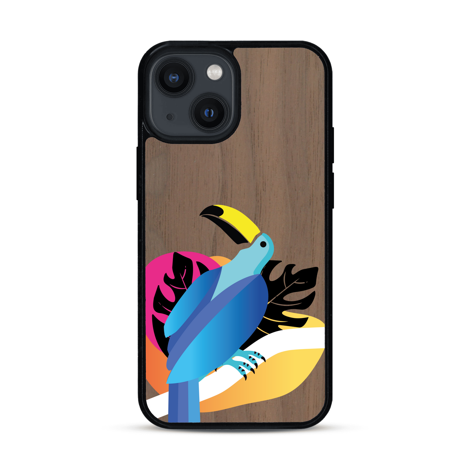 Coque de protection en bois véritable fabriquée en France pour iPhone 13 Mini représentant un toucan coloré avec un design moderne et minimaliste sur le thème de la jungle et de la nature