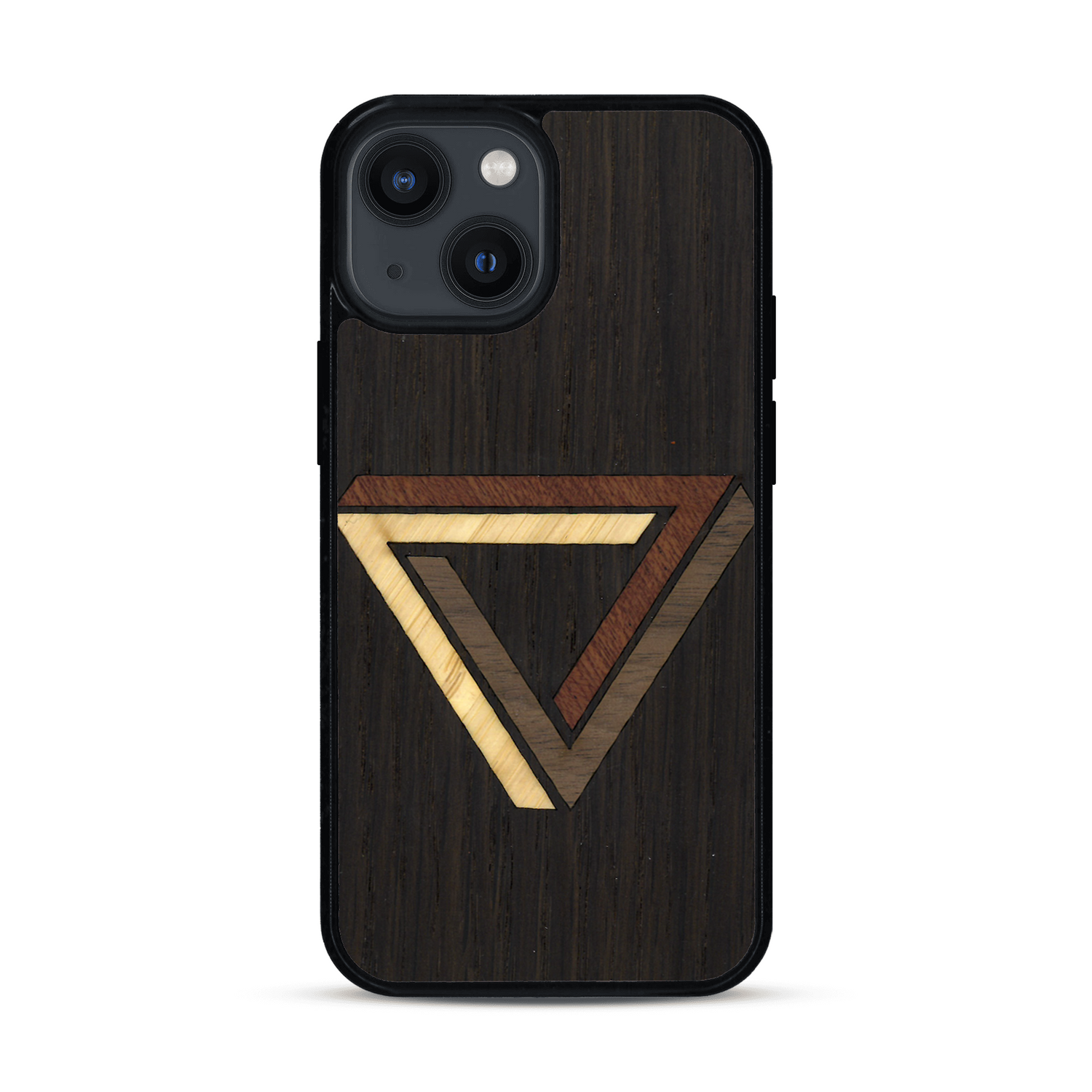 Coque de protection en bois véritable fabriquée en France pour  sur le thème de l'art géométrique qui allie du chêne fumé, du noyer, du bambou et du padouk représentant le triangle de penrose