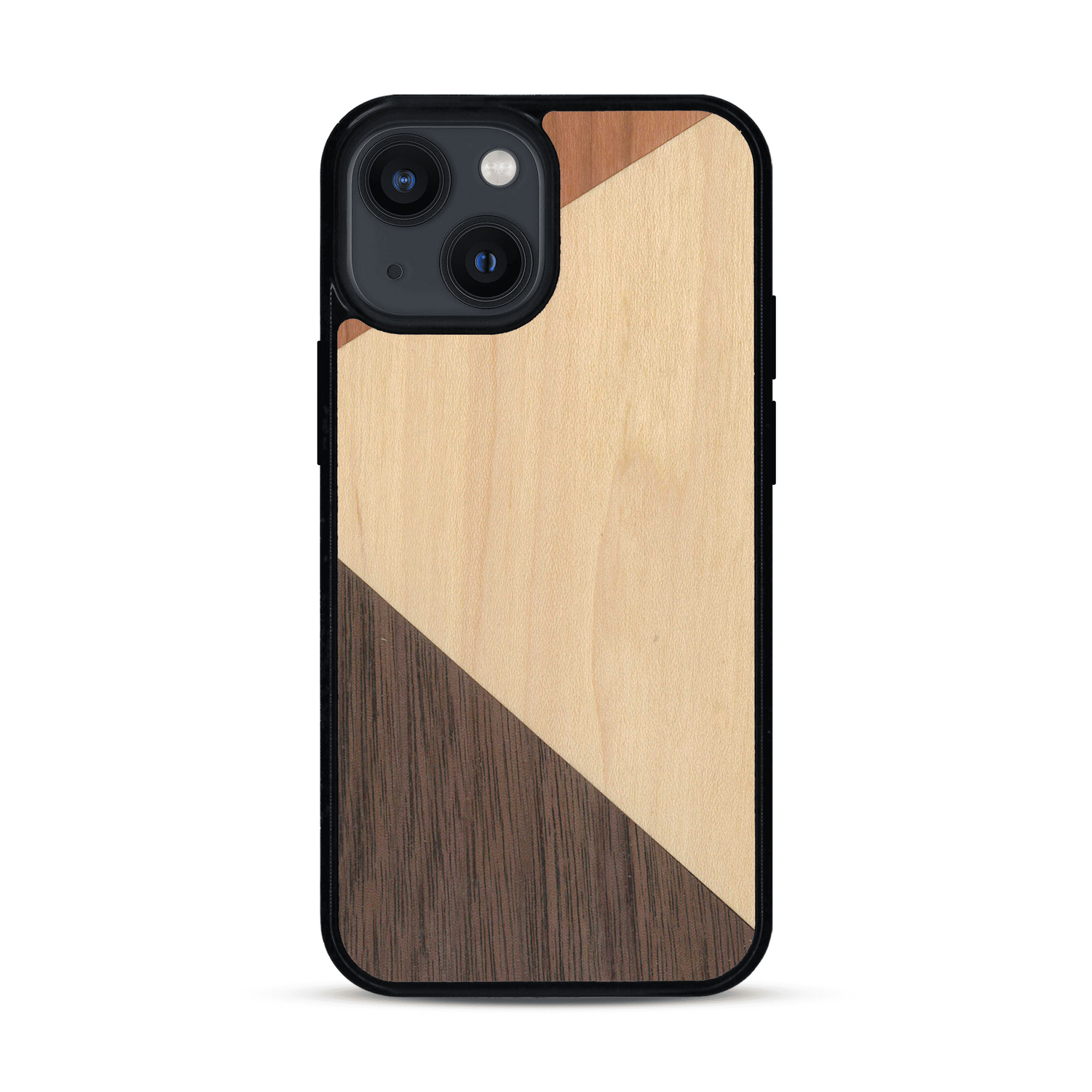 Coque de protection en bois véritable fabriquée en France pour  alliant du merisier, du noyer et du bambou formant chacun deux triangles et un trapèze avec deux jointures en diagonale sur le thème de l'art abstrait