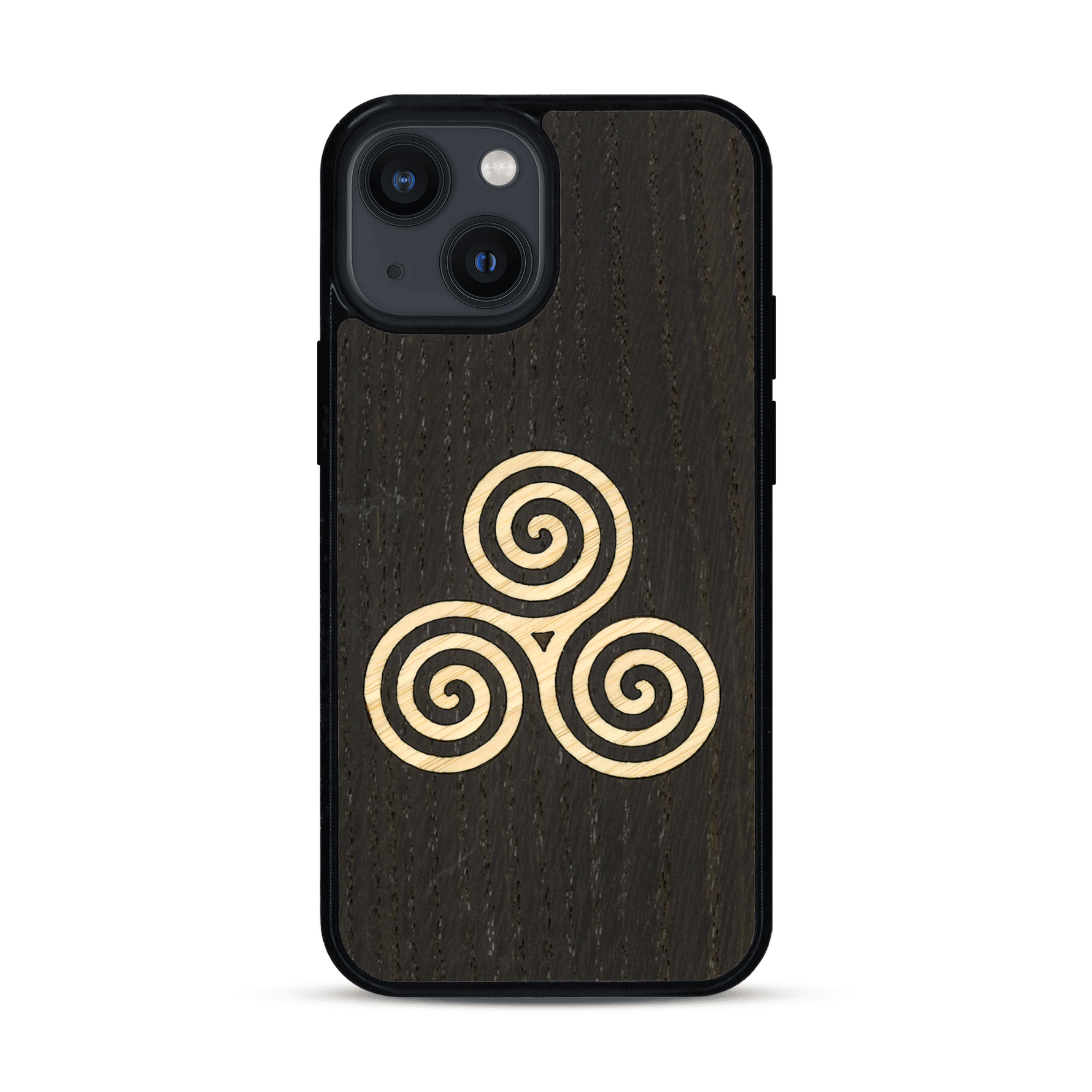 Coque de protection en bois véritable fabriquée en France pour  alliant du chêne fumé et du bambou et doré représentant un triskell