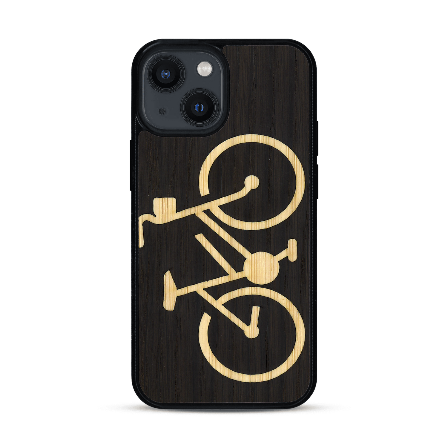 Coque de protection en bois véritable fabriquée en France pour  sur le theme du vélo et de l'outdoor qui allie du bambou et du chêne fumé représentant un vélo