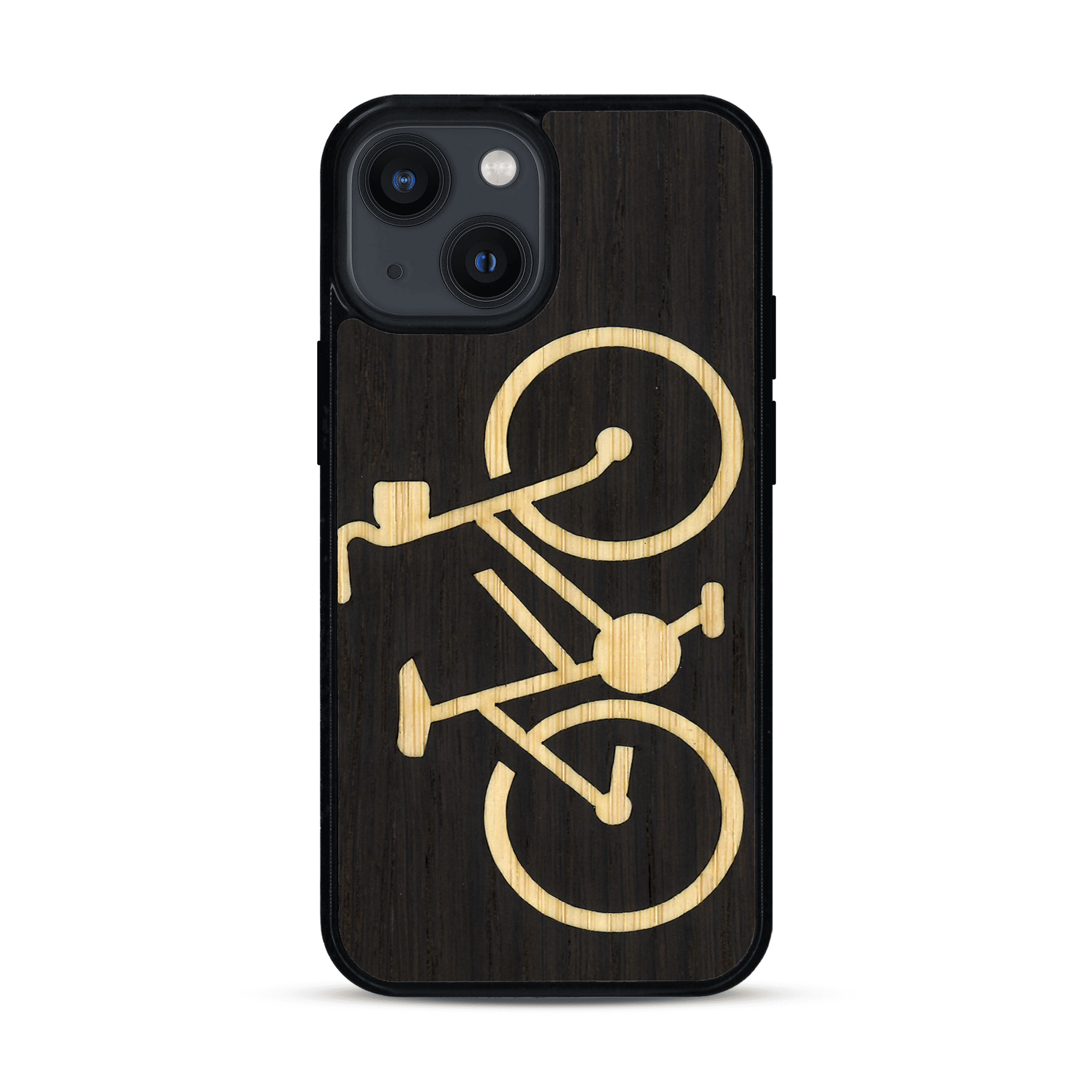 Coque de protection en bois véritable fabriquée en France pour  sur le theme du vélo et de l'outdoor qui allie du bambou et du chêne fumé représentant un vélo