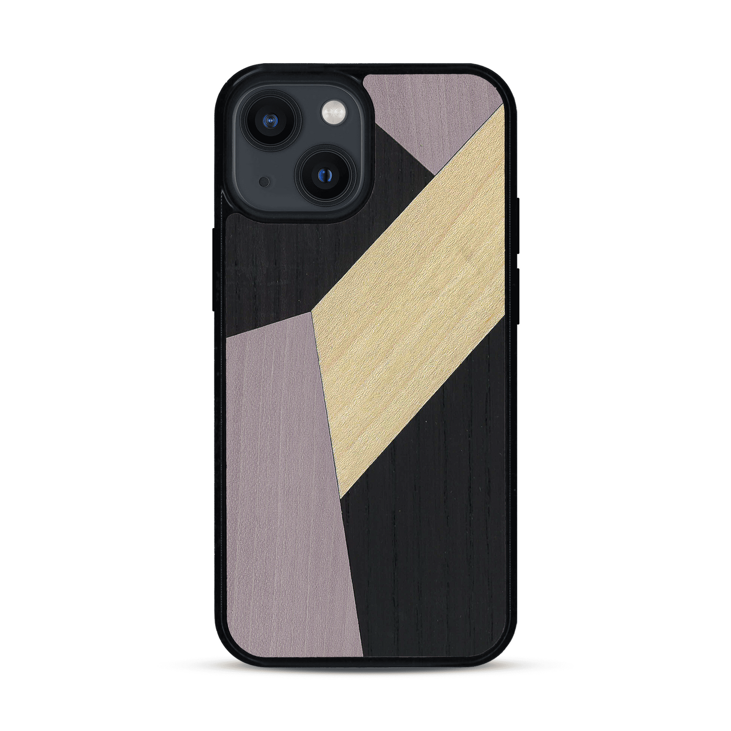 Coque de protection en bois véritable fabriquée en France pour  alliant du bambou, du tulipier mauve et noir en forme de mosaïque minimaliste sur le thème de l'art abstrait