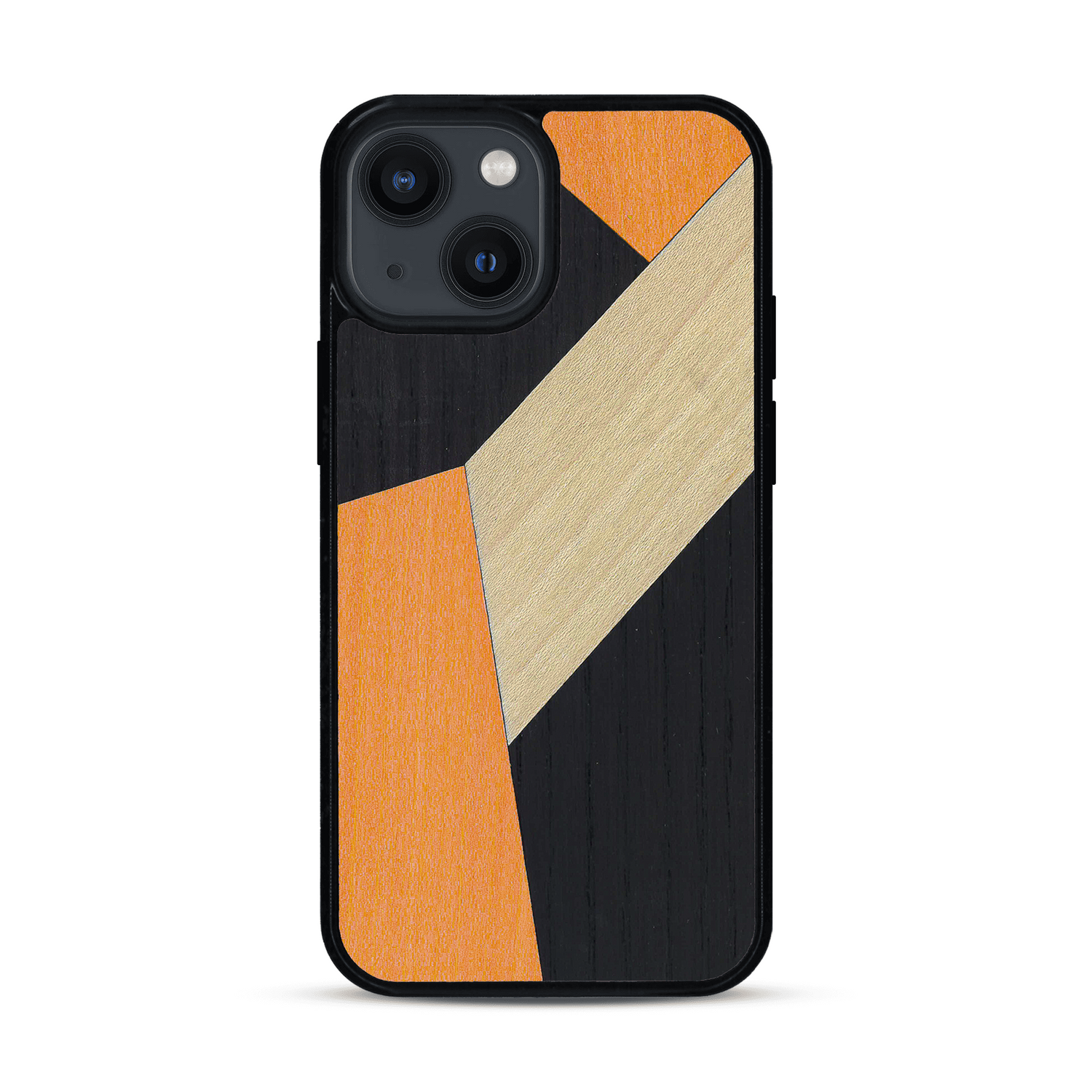 Coque de protection en bois véritable fabriquée en France pour  alliant du bambou, du tulipier orange et noir en forme de mosaïque minimaliste sur le thème de l'art abstrait