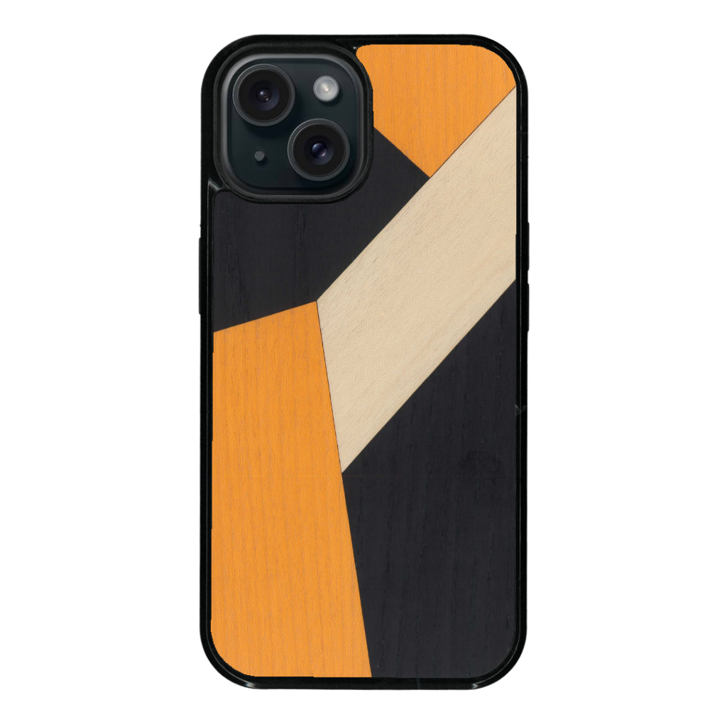 Coque de protection en bois véritable fabriquée en France pour iPhone 13 Mini alliant du bambou, du tulipier orange et noir en forme de mosaïque minimaliste sur le thème de l'art abstrait