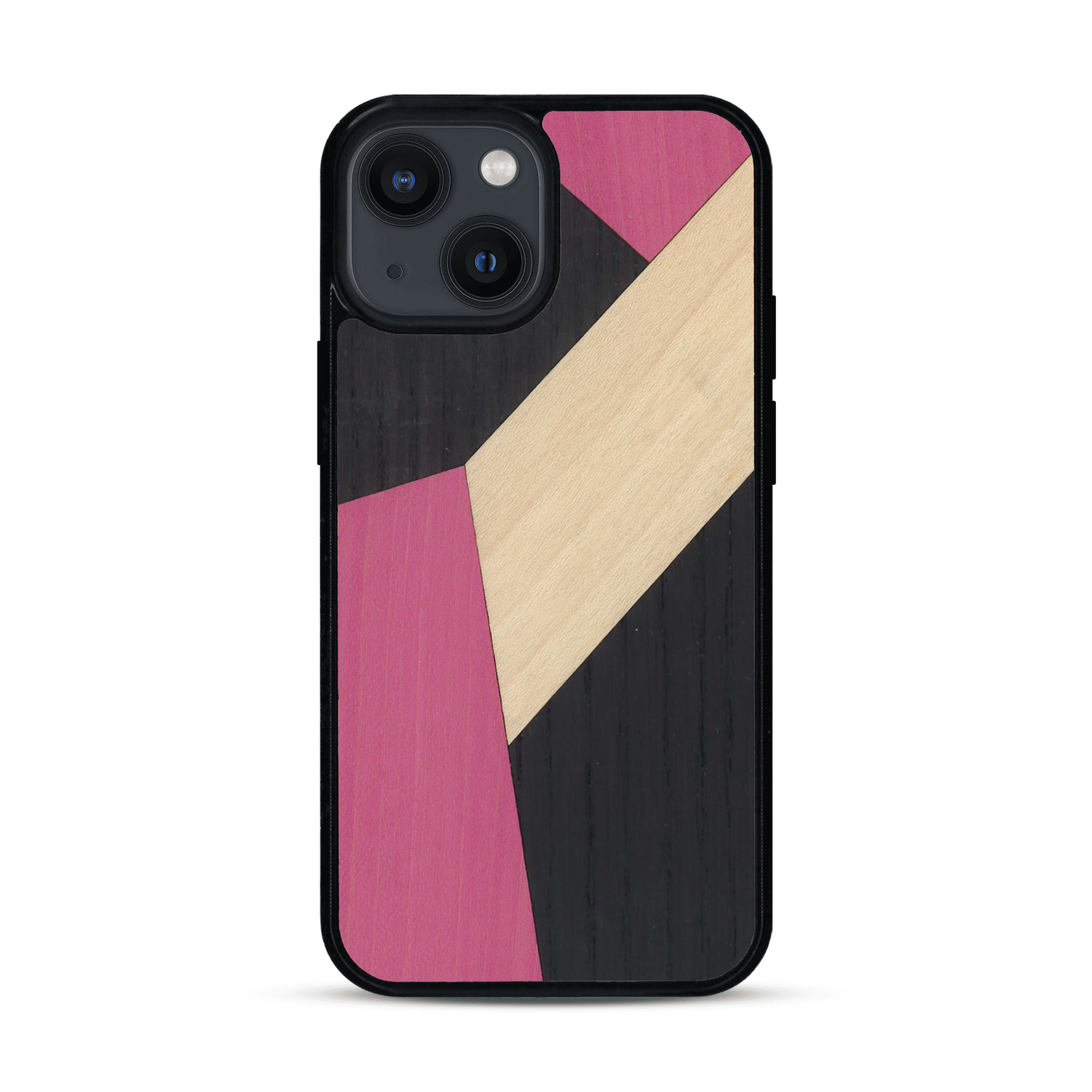 Coque de protection en bois véritable fabriquée en France pour  alliant du bambou, du tulipier rose et noir en forme de mosaïque minimaliste sur le thème de l'art abstrait
