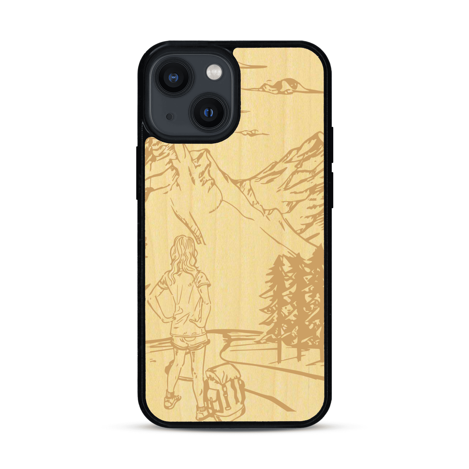 Coque de protection en bois véritable fabriquée en France pour  sur le thème de la randonnée en montagne et de l'aventure avec une gravure représentant une femme de dos face à un paysage de nature