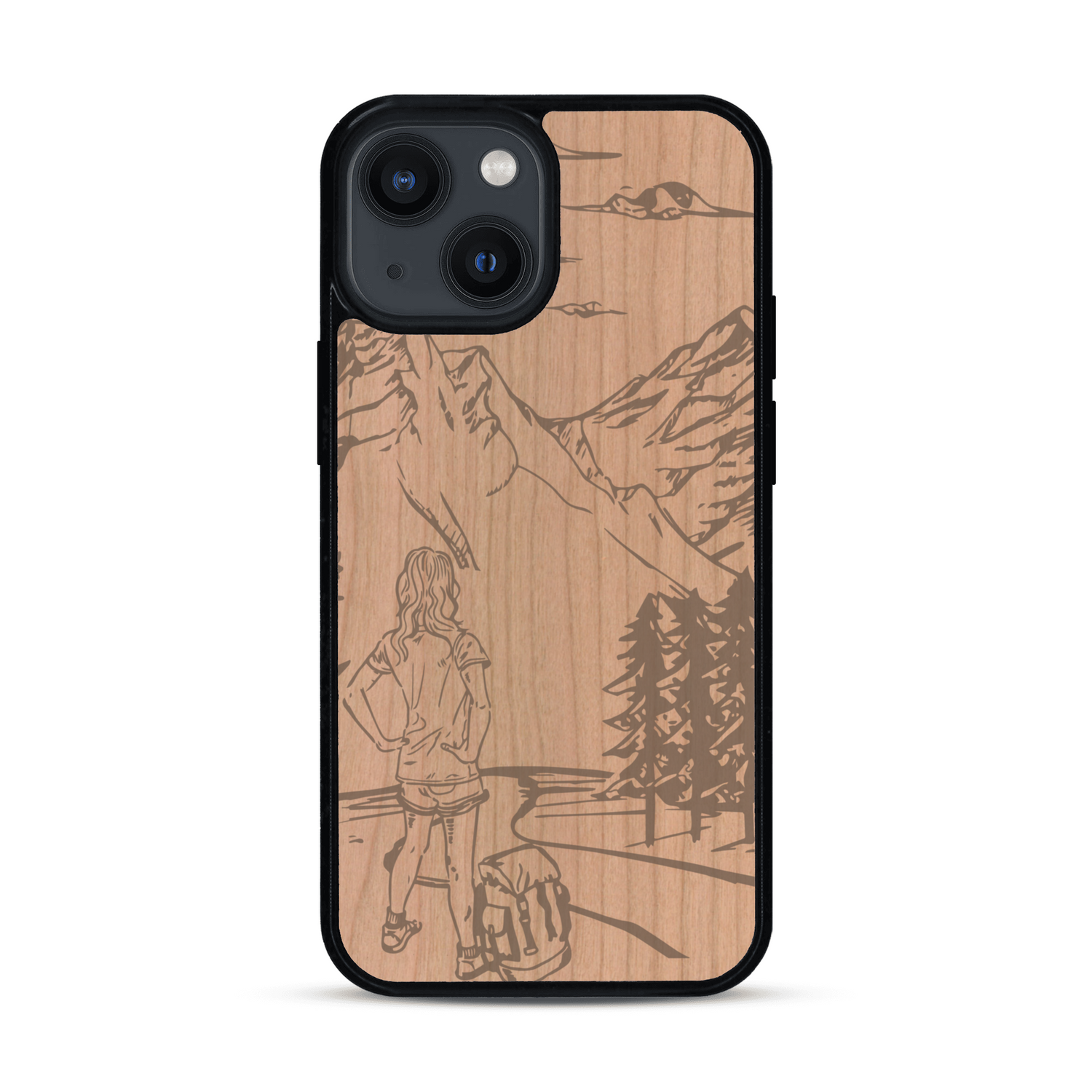 Coque de protection en bois véritable fabriquée en France pour  sur le thème de la randonnée en montagne et de l'aventure avec une gravure représentant une femme de dos face à un paysage de nature