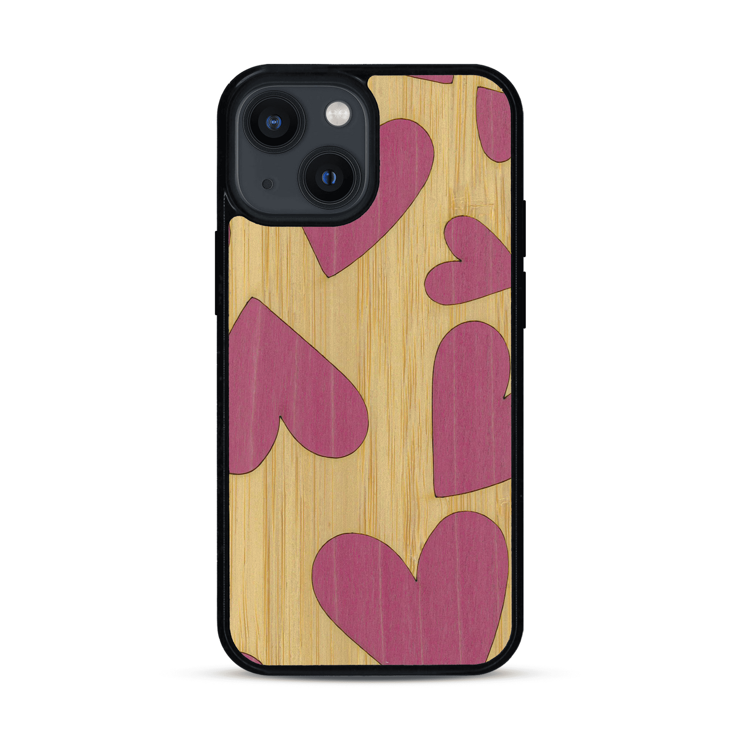 Coque de protection en bois véritable fabriquée en France pour  alliant plusieurs essences de bois pour représenter des coeurs pour les amoureux