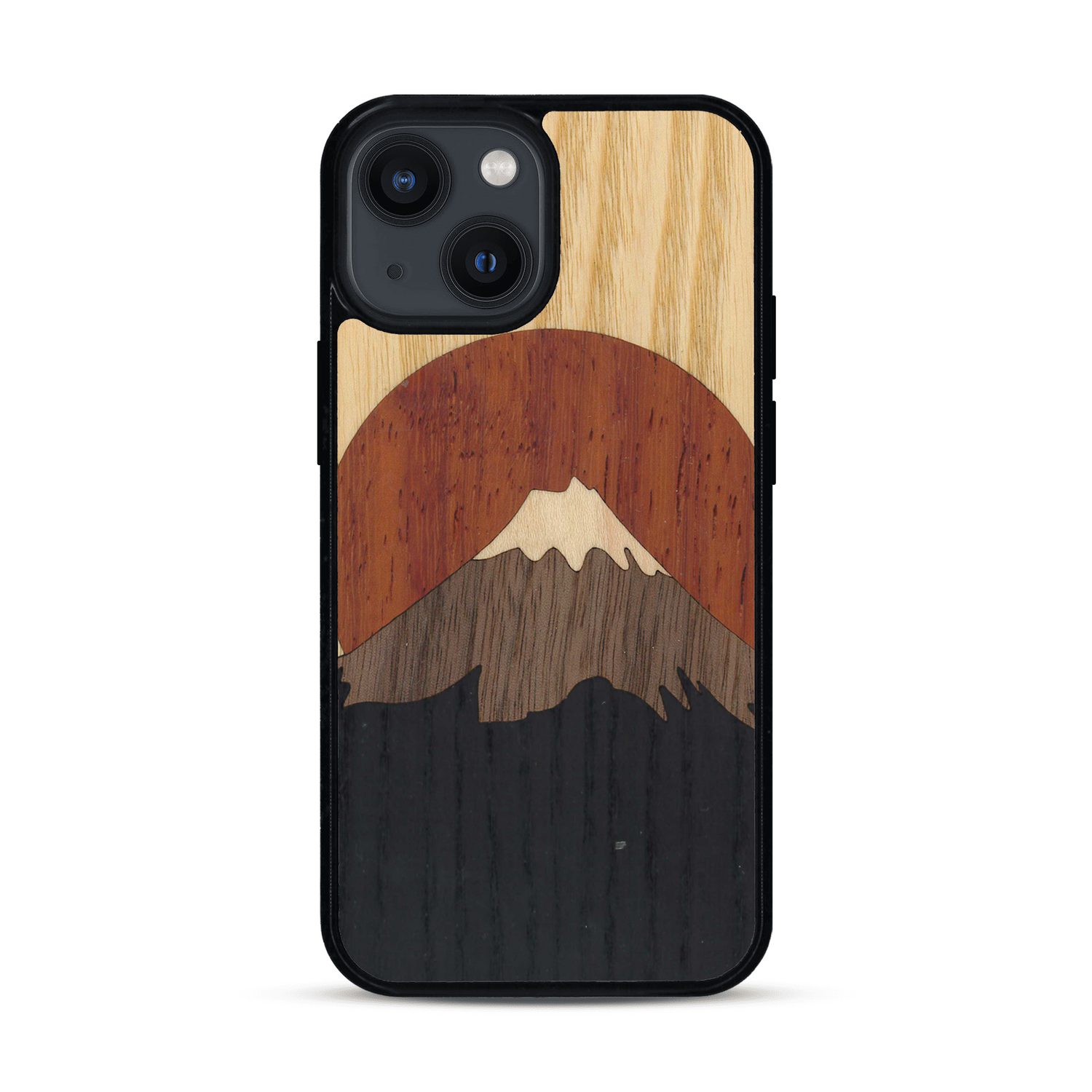 Coque de protection en bois véritable fabriquée en France pour  alliant plusieurs essences de bois pour représenter le mont Fuji