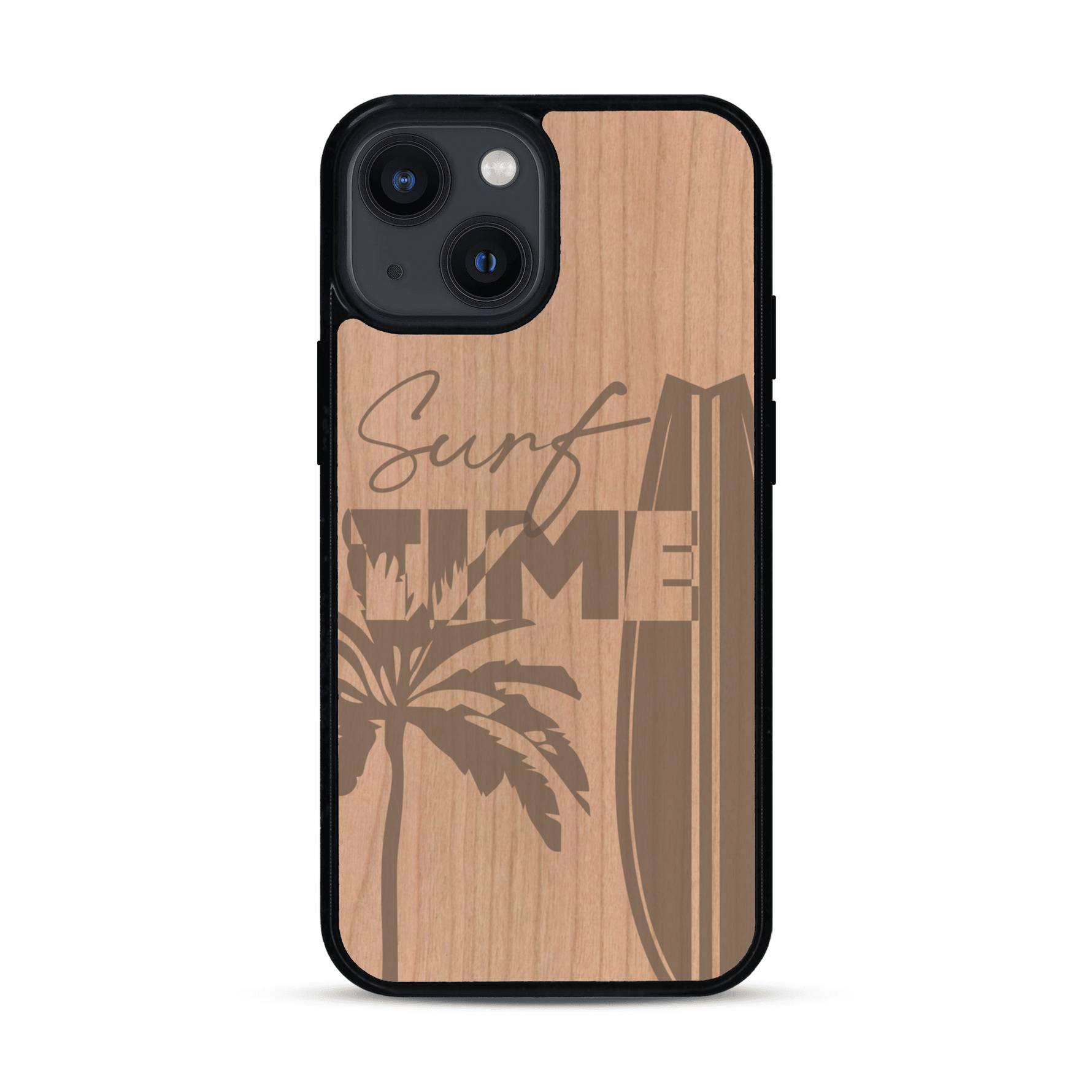 Coque de protection en bois véritable fabriquée en France pour  sur le thème chill avec un motif représentant une silouhette tenant une planche de surf sur une plage entouré de palmiers et les mots "Surf Time Long Beach Miami"