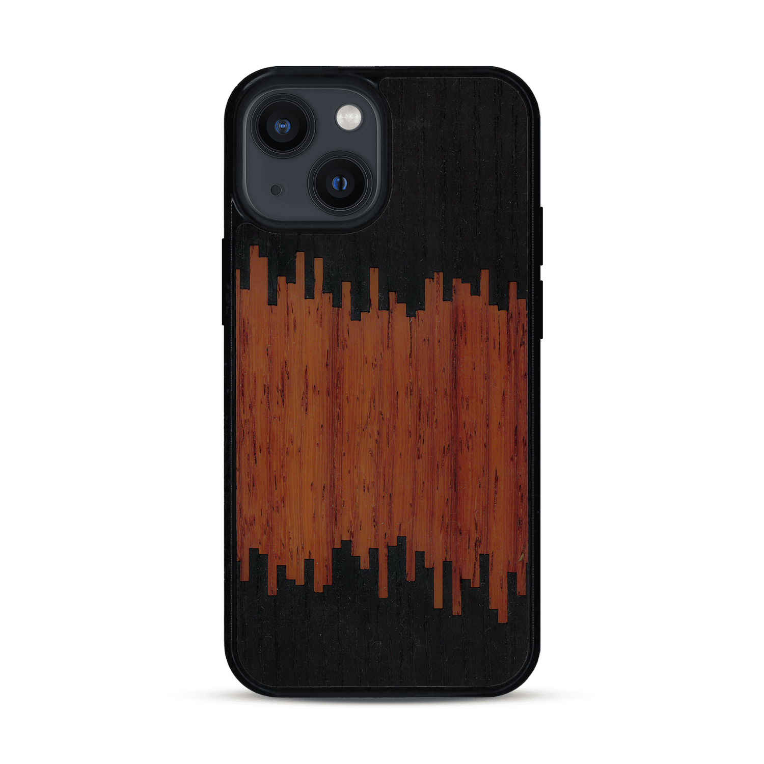 Coque de protection en bois véritable fabriquée en France pour  alliant plusieurs essences de bois pour représenter du magma en fusion