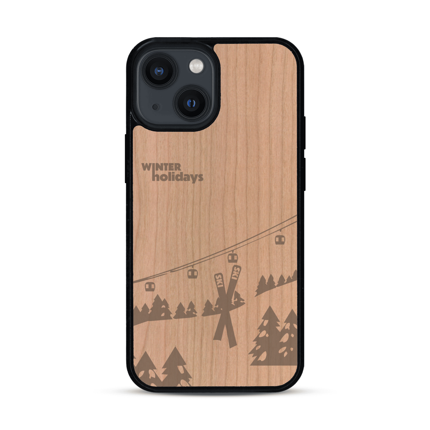 Coque de protection en bois véritable fabriquée en France pour  sur le thème de la montagne, du ski et de la neige avec un motif représentant une paire de ski plantée dans la neige avec en fond des montagnes enneigées