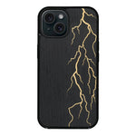 Coque de protection en bois véritable fabriquée en France pour iPhone 13 + MagSafe® alliant plusieurs essences de bois pour représenter un éclair divin