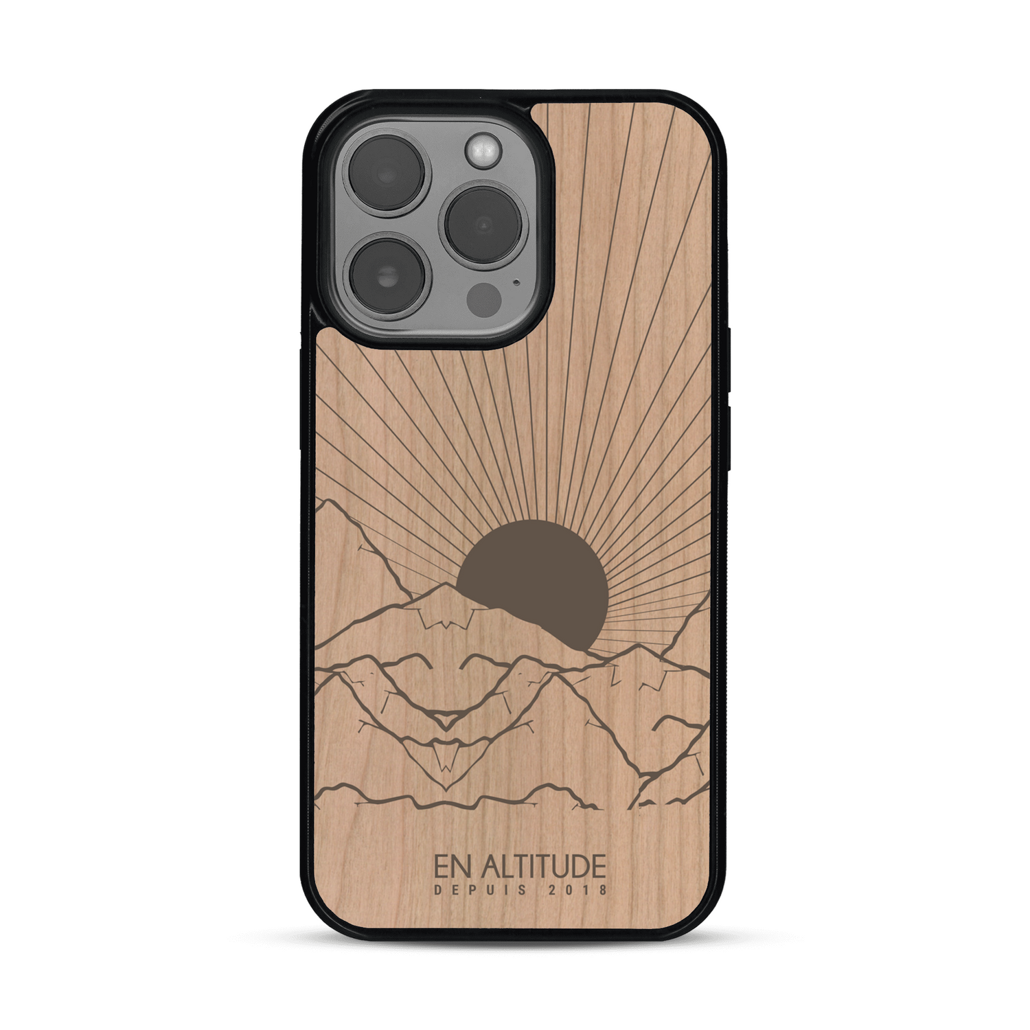 Coque de protection en bois véritable fabriquée en France pour  représentant des montagnes, sur le thème de la randonnée en pleine nature et du trail