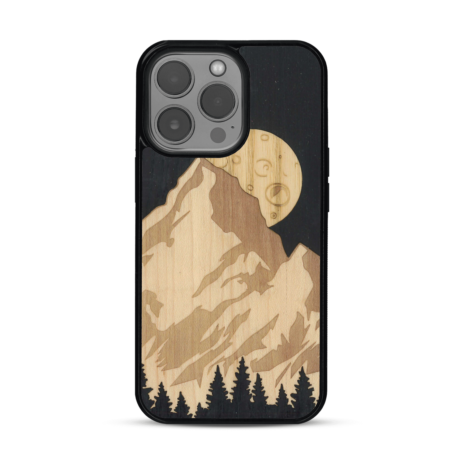 Coque de protection en bois véritable fabriquée en France pour  alliant plusieurs essences de bois pour représenter le mont Everest